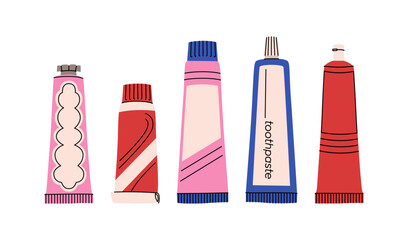 Toothpaste set. Set of oral hygiene products. Different tubes of toothpaste. Teeth cleaning products. Colorful vector collection in a flat style isolated on a white background