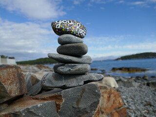 Kindness rock on stack of rocks