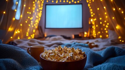 A peaceful movie night setup featuring a blanket fort illuminated by soft golden fairy lights, a bowl of popcorn and cups of hot cocoa placed in the center,