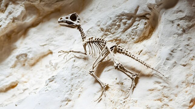 A skeleton of a Eoraptor, showcasing its small size and early dinosaur traits, on a white background