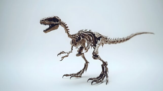 A skeleton of a Eoraptor, showcasing its small size and early dinosaur traits, on a white background