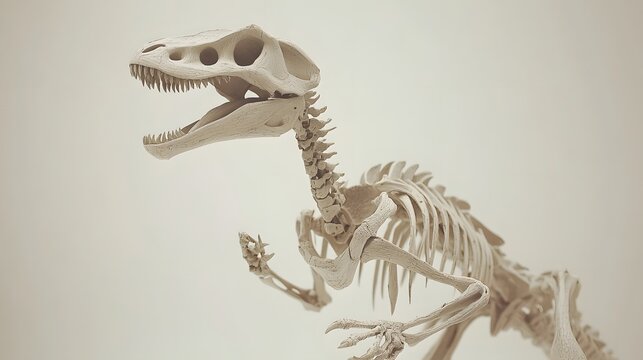 A skeleton of a Eoraptor, showcasing its small size and early dinosaur traits, on a white background