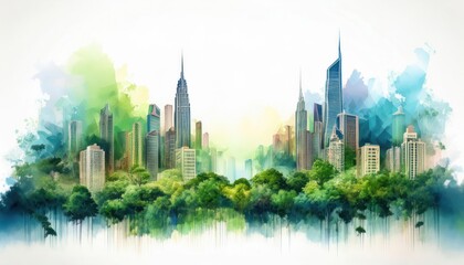 Obraz premium A vibrant blend of urban skyscrapers and lush greenery, illustrating the harmony between city life and nature.