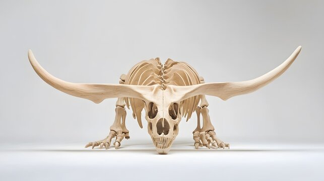 The skeleton of a Chasmosaurus, featuring its large frill and long horns, arranged on a white background