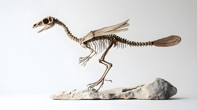 A skeleton of a Microraptor, with its small body and feather-like structures, placed on a white backdrop