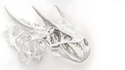 A skeleton of a Leptoceratops, with a small frill and sharp beak, displayed on a white backdrop