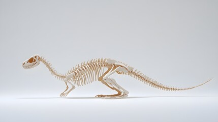 Obraz premium A skeleton of a Shunosaurus, showcasing its long tail with a club at the end, arranged on a white background