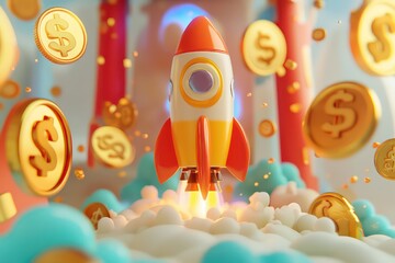 Obraz premium A playful, colorful rocket with exaggerated features launching into space, surrounded by floating gold coins and dollar signs, symbolizing the wealth and potential of the space industry.