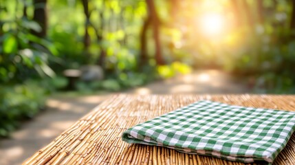 Table top gingham concept. A sunlit picnic scene featuring a green checkered napkin on a woven table, set against a lush forest background.