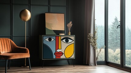 Modern living room with colorful art deco cabinet, armchair, and window view.