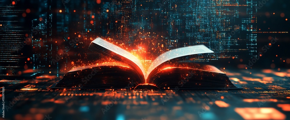 Poster an open book emitting sparks in a digital environment symbolizes knowledge and innovation.