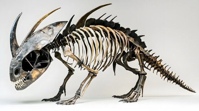 A skeleton of a Euoplocephalus, showcasing its heavily armored body, displayed on a white backdrop - Powered by Adobe