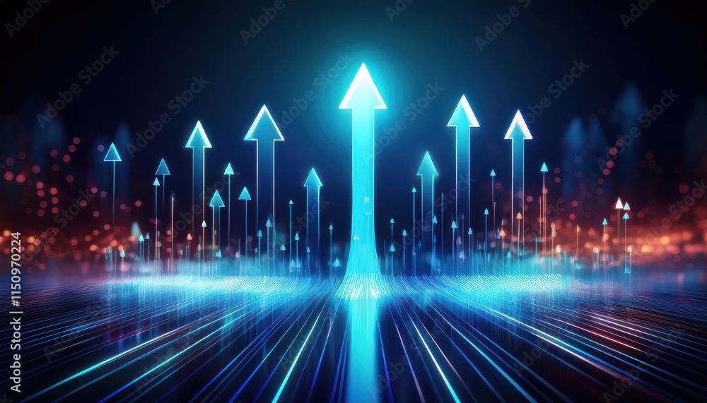 Poster a dynamic visualization of glowing arrows pointing upwards, representing progress, growth, and techn