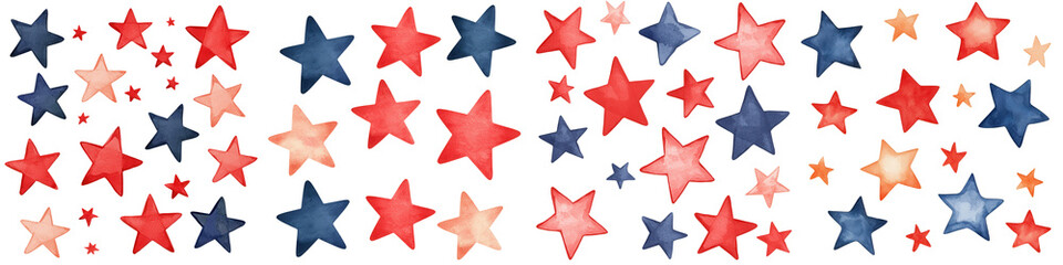Presidents day element, Colorful watercolor stars red, blue, and peach tones create festive, isolated on transparent background.