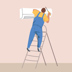 HVAC technician, worker installing, fixing, repairing and maintaining air conditioner. Conditioning unit, professional maintenance, cleaning. Hand drawn vector illustration.