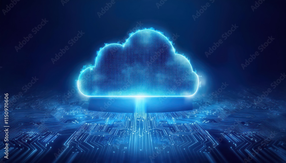 Poster a glowing blue cloud symbolizing cloud computing, surrounded by digital circuitry, representing data