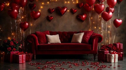 A stunning Valentine's Day room filled with helium heart-shaped balloons in red, white, and pink, a luxurious red velvet loveseat surrounded by scattered rose petals and beautifully wrapped gifts,