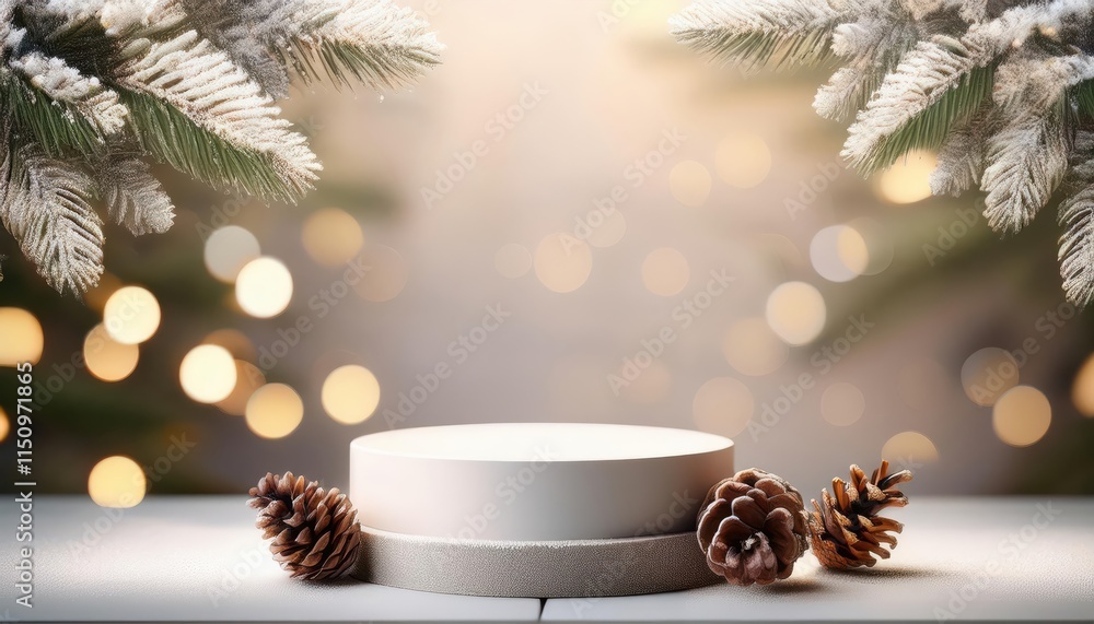 Poster a serene winter scene featuring a plain white display platform surrounded by pine cones and snow-cov