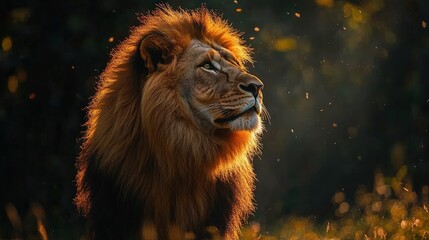 Naklejka premium Majestic lion, golden mane, sunset glow.