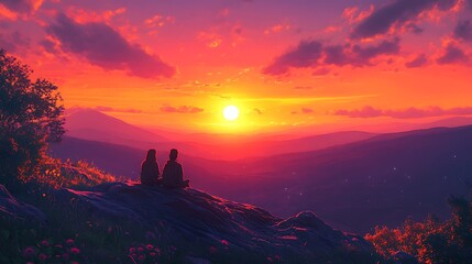 A tranquil scene of two people sitting at the edge of a cliff, wrapped in a cozy blanket, watching the sun set behind vast rolling hills, the sky ablaze with fiery oranges and gentle purples,