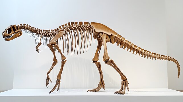 A skeleton of a Alamosaurus, featuring its massive frame and long tail, displayed on a white backdrop
