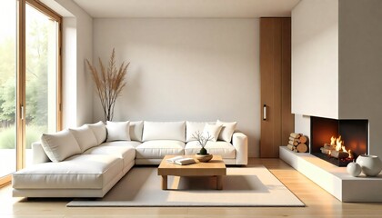 Modern Minimalist Living Room Interior Design with Fireplace