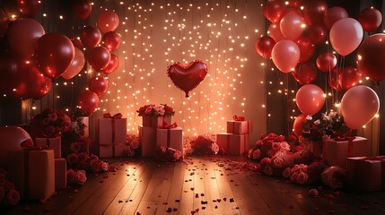 A vibrant and romantic Valentine's Day scene with floating balloons in varying shades of red and pink, twinkling fairy lights creating a warm ambiance, beautifully wrapped gift boxes,