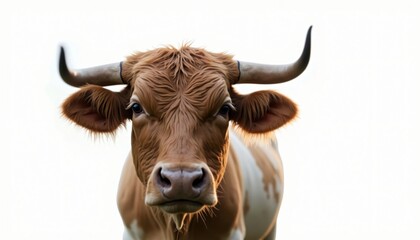 Close up Portrait of a Brown and White Cow with Horns
