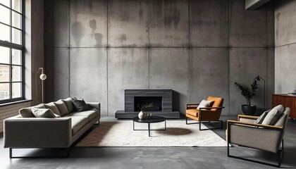 Modern Loft Apartment Living Room Interior Design with Concrete Wall