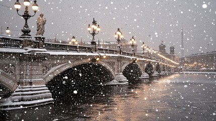 Parisian Bridge in Winter Snowfall
