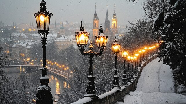 Romantic Snowy Winter Night in Prague with Illuminated Streetlights and Church in the Background