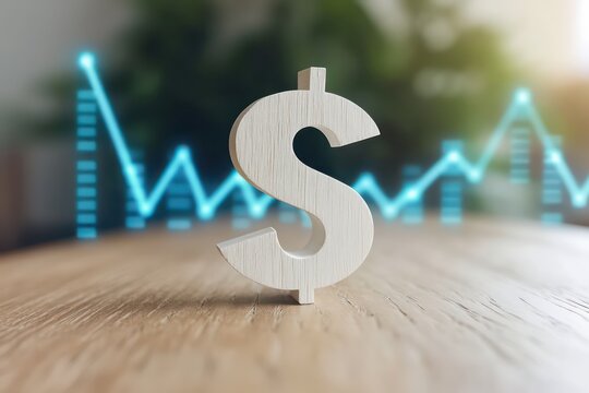 A minimalist depiction of a white dollar symbol standing on a light oak surface, contrasted by a digital graph in bright blue tones indicating financial growth.