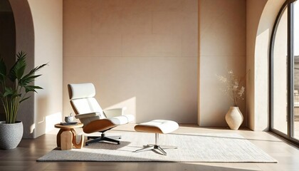 Fototapeta premium Modern Minimalist Living Room Interior Design with Relaxing Chair and Ottoman