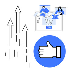 Upward arrows indicating growth, shopping cart icon with buy button, customer interactions, thumbs-up symbol. Ideal for e-commerce, business growth, marketing, customer feedback, online shopping