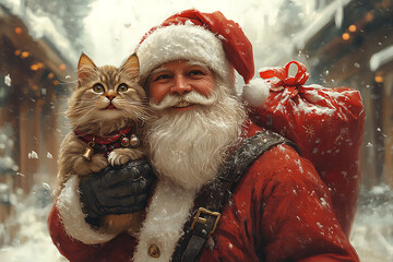 Santa Claus holding a cat, surrounded by a snowy festive environment.