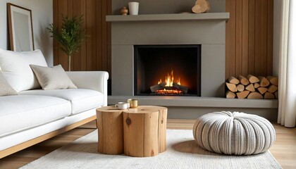 Fototapeta premium Cozy Living Room with Fireplace Wooden Coffee Table and Plush Pouf