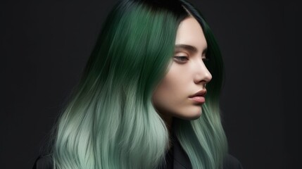 Fototapeta premium Woman with long ombre green hair styled in waves