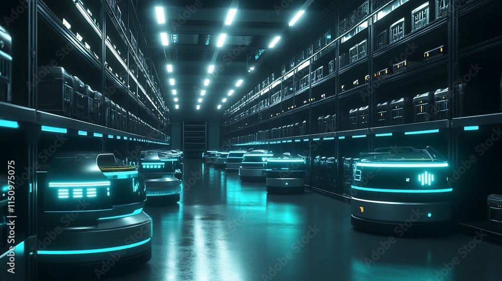Poster futuristic warehouse with autonomous robots and illuminated shelves.