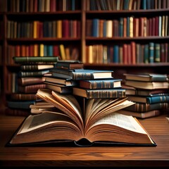 Fototapeta premium High-Quality Photography of Books on a Wooden Table in a Library for Education & Learning