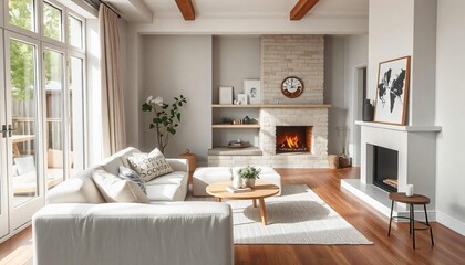 Modern Living Room Interior Design with Fireplace Hardwood Floors Cozy Sofa