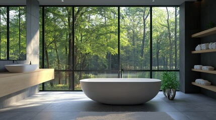 Fototapeta premium Modern Bathroom with Forest View: Tranquil Relaxation in Nature's Embrace