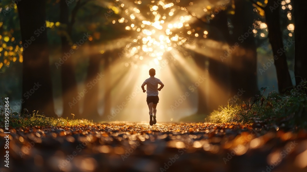 Poster Child Running Through a Sunlit Forest Path