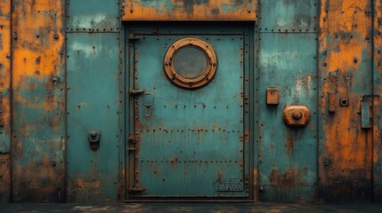 Rusty metal wall, teal door, porthole.