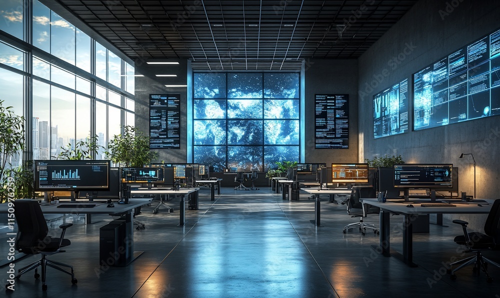 Poster modern office space with large screens and data displays for analysis and monitoring.