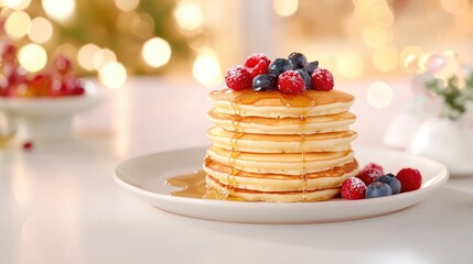Stacked Pancakes with Berries and Syrup Delight