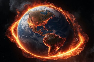 Burning planet Earth engulfed in flames and smoke, depicting global warming and climate change.