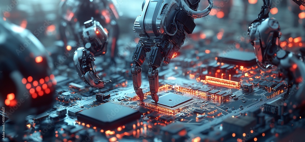 Poster robotic arms assembling components on a glowing circuit board in a futuristic setting.