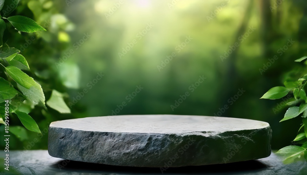 Poster a serene stone platform surrounded by lush greenery, illuminated by soft sunlight, creating a tranqu