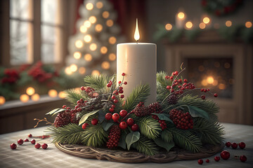 Christmas candle centerpiece, white pillar candle, evergreen branches, red berries, festive decorations, soft bokeh lights, warm golden glow, holiday atmosphere, cozy ambiance, blurred Christmas tree 
