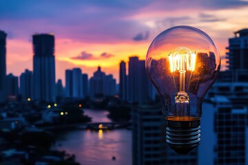 A radiant light bulb shining above a startup office setting, with a whiteboard filled with business plans and ideas, representing the illumination of new concepts in a growing company.